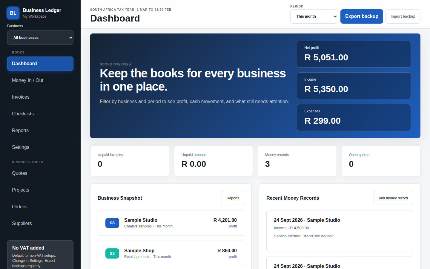Business Ledger dashboard with demo data