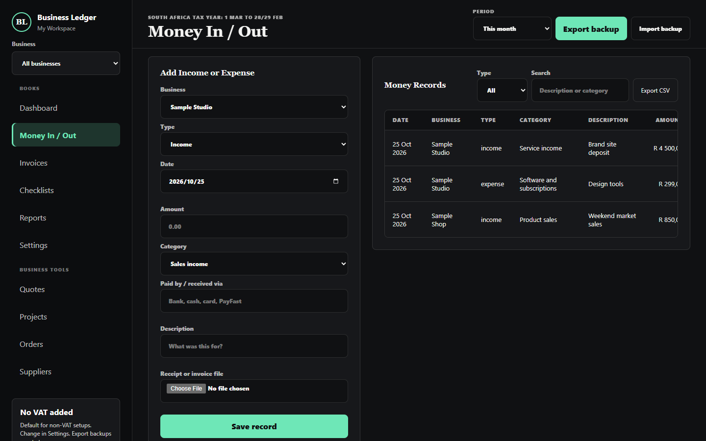 Money in and money out screen with demo data