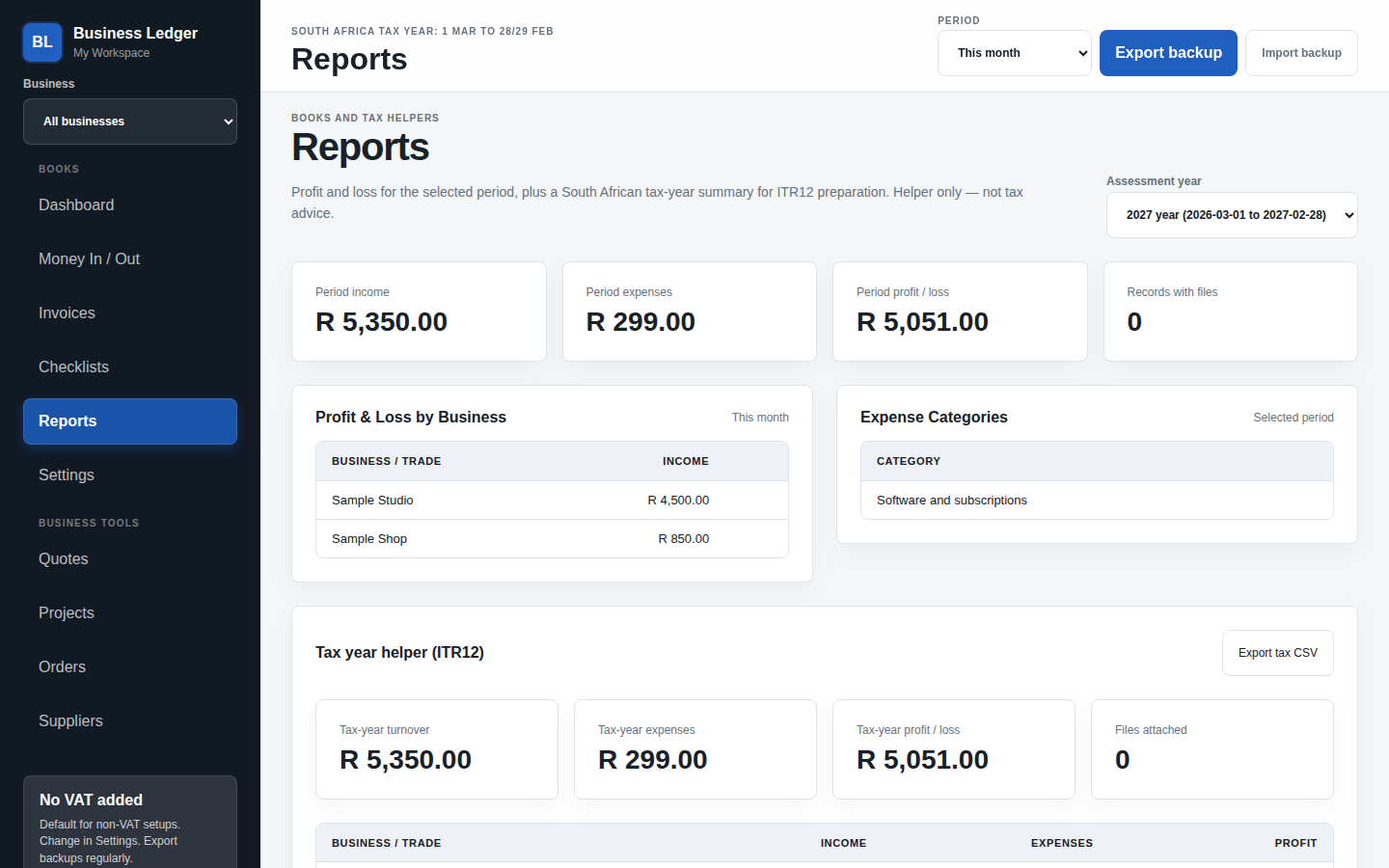 Reports screen with demo data